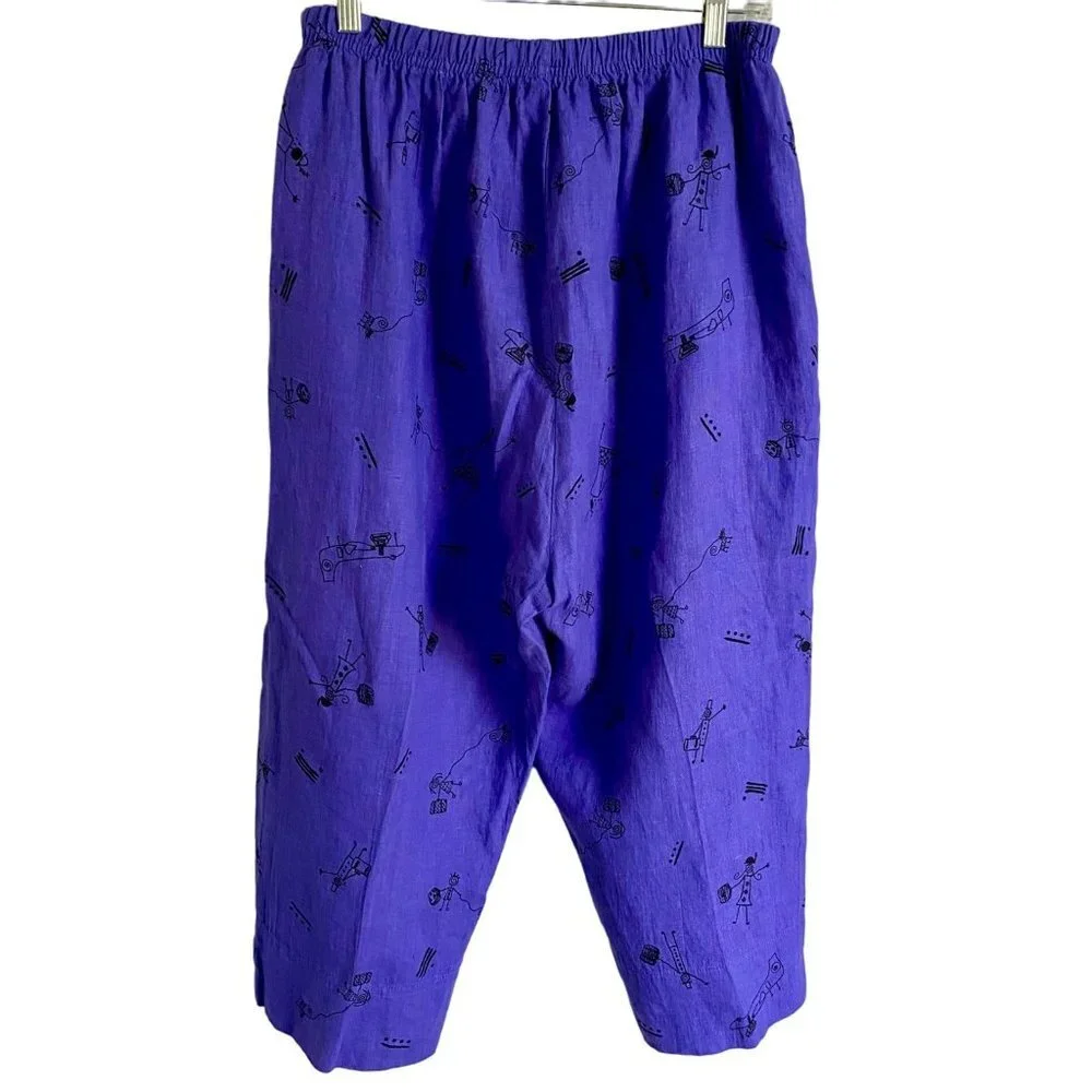 Whimsical Stick Figures Elastic Waist Capris Pants Purple with Pockets Size XL